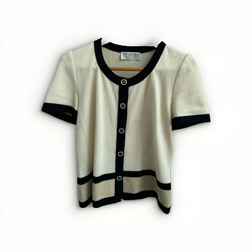 St. John Womens Knit Cardigan Sweater S Beige Black Colorblock Button Front